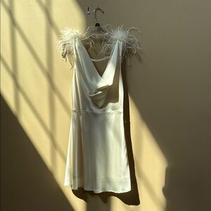 Forever 21 Elegant Cream Satin Dress with Feather Accents